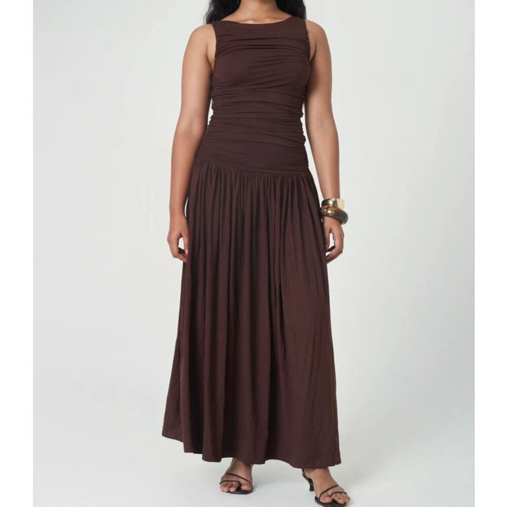 Summer Away Patmos Dark Walnut brown ruched maxi dress XS